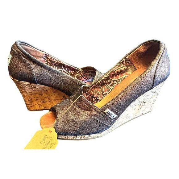 Toms Calypso Peep Toe Azar Metallic Wedge Heels Women's Size 7.5 - Picture 1 of 5